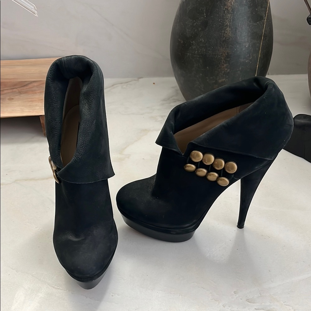 Rachel Zoe Black Heeled Boots with Gold Accents